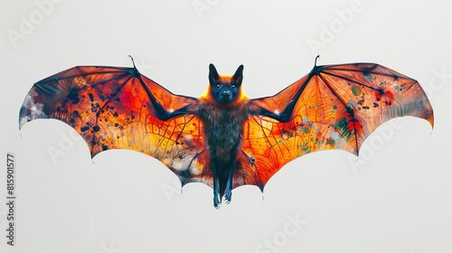 Showcase a brightly colored bat with wings fully extended, selective focus, realistic, Double exposure, against a stark white background to emphasize motion