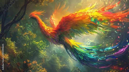 Showcase a digital artwork of a phoenix rising from ashes, adorned with rainbow feathers, set in a mythical forest, focus on whimsical and dynamic elements, using Multilayer
