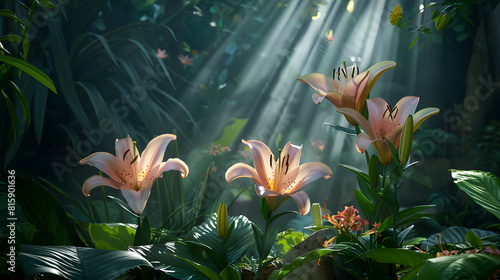 A sunlit garden with three blooming lilies, representing the Father, Son, and Holy Spirit.