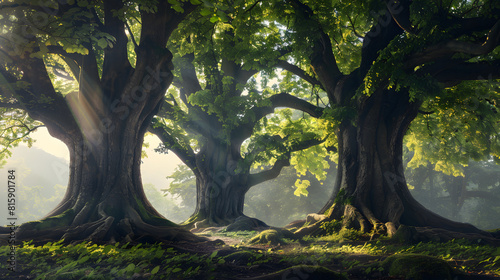 An enchanted forest with three ancient trees intertwined at their roots, embodying the unity of the Trinity.