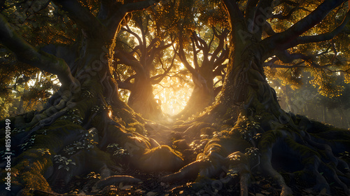 An enchanted forest with three ancient trees intertwined at their roots, embodying the unity of the Trinity.