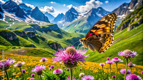 A close-up shot of a butterfly perched on a vibrant alpine wildflower, sipping nectar, against the backdrop of lush greenery and distant mountains.