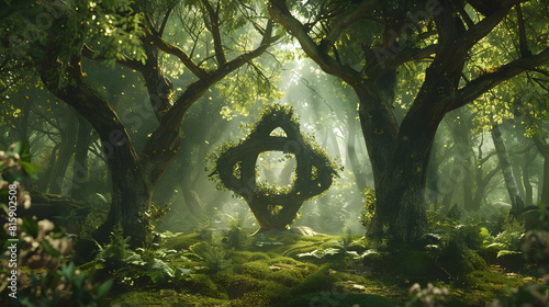 An enchanted forest with three intertwined vines forming a Celtic knot, representing the eternal unity of the Trinity.