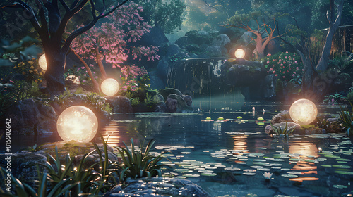 Three glowing orbs of light suspended in a mystical garden, symbolizing the divine presence of the Trinity.
