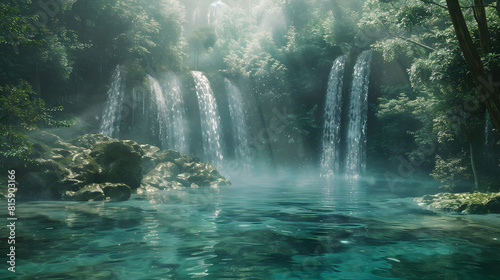 An ethereal forest with three shimmering waterfalls cascading into a crystal-clear pool, evoking the Trinity's purity. 