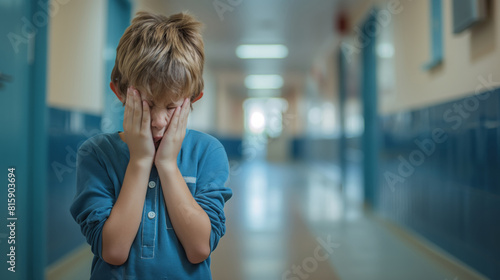 Upset boy covered his face with his hands, standing alone in the school corridor. Difficulties, emotions, bullying at school