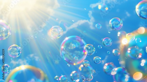 Imaginative transparent air bubbles of rainbow colors with reflections and highlights floating through air in rays of sunlight with a blue background.