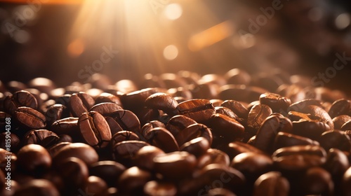 Coffee beans, close up, focus on, copy space, rich and aromatic, Double exposure silhouette with morning light.