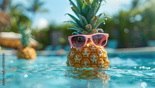 A pineapple is wearing sunglasses and floating in a pool by AI generated image