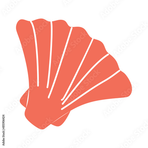 Vector Seashell in Flat design. Red Vector Scallop sea shell. Mollusk Illustration Isolated on White background. Hand drawn Sea Life element, Underwater animal, Oceanic concept Graphic Art Object.