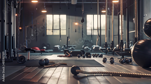 A wellequipped gym interior showcases various fitness equipment the space is designed for functional training with ropes weights and exercise balls unaltered : Generative AI