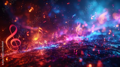 Abstract music background with musical notes and colorful light trails