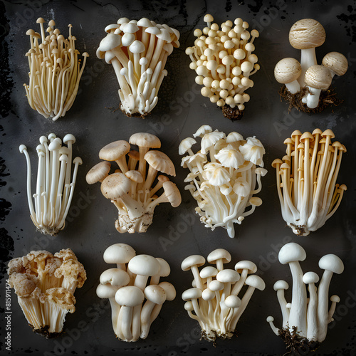 Various edible Asian mushrooms. Enoki, shimeji, shiitake, tea tree, royal oyster mushrooms. 