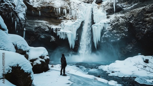 Beautiful icelandic winter waterfall with ice and snow, man standing by partially frozen river