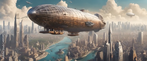 Massive airship floating above a sprawling metropo