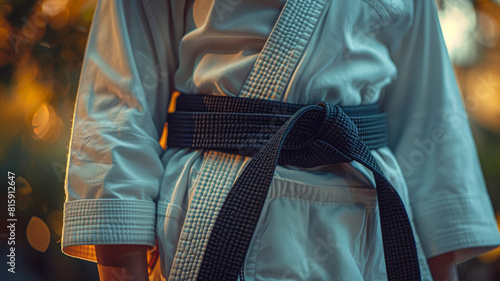 Person wearing a karate gi with a black belt tied firmly.