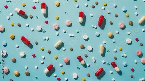 Scattered capsules and pills on a blue background