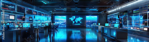 Cybersecurity Operations Center Floor: Showing security analysts monitoring screens, threat intelligence boards, and incident response teams in action.