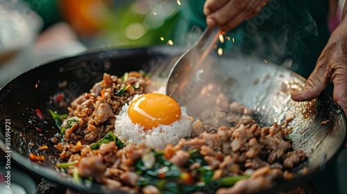 A Thai street vendor skillfully preparing a batch of crispy Pad Kra Pao Moo, stir-fried minced pork with holy basil, garlic, and chilies, served over steaming jasmine rice and topped with a fried egg.