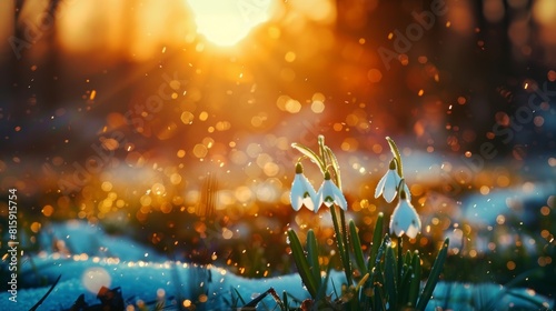 Colorful spring background with beautiful snowdrop galanthus nivalis in a sunset forest scene
