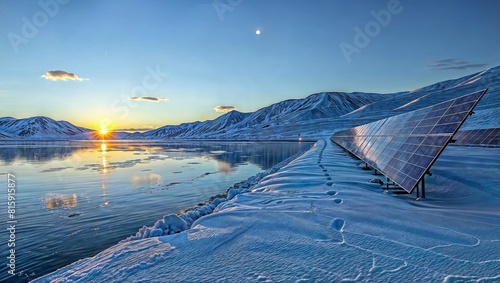 Scenic landscape of snow-capped mountains reflecting in a tranquil lake at sunrise, with a solar panel array installed along the shoreline amidst the pristine natural environment.