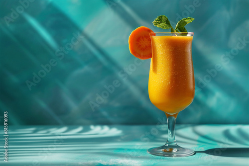 A carrot smoothie. Fresh carrot juice served in glass with palm leaf shadows at the background. Healthy eating, detox food, dieting and vegetarian concept