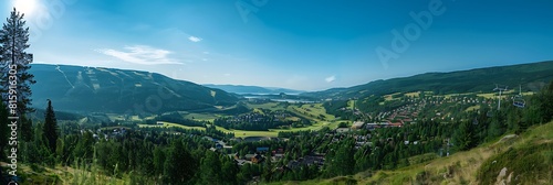 Ski jump in Lillehammer known as Lysgardsbakken, Lillehammer hosted the 1994 Winter Olympics and 2016 Winter Youth Olympics, Panoramic view from cableway realistic nature and landscape