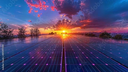 The image depicts a breathtaking sunset over a vast solar panel field, with the sun's rays creating a dramatic and vibrant display of colors in the sky. The solar panels reflect the warm hues.