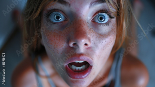 Close-up of a surprised young woman with blue eyes and freckles looking upwards.