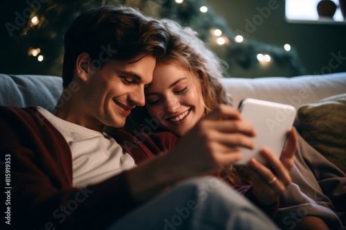 Married couple relaxing on the sofa. They are holding each other, smiling while looking at the mobile phone