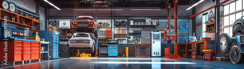 Automotive Repair Workshop Floor: Featuring vehicle lifts, tool chests, diagnostic equipment, and mechanics performing car repairs