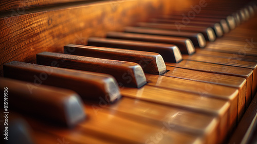 This is a close-up image of the keys of a vintage piano. The keys are made of wood.