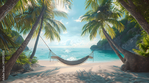Hammock tied between two palm trees on a sunny beach capturing ultimate relaxation and tranquility in summer with copy space.