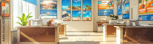 Travel Agency Office Floor: Featuring destination posters, travel brochures, booking desks, and agents assisting customers with vacation plans