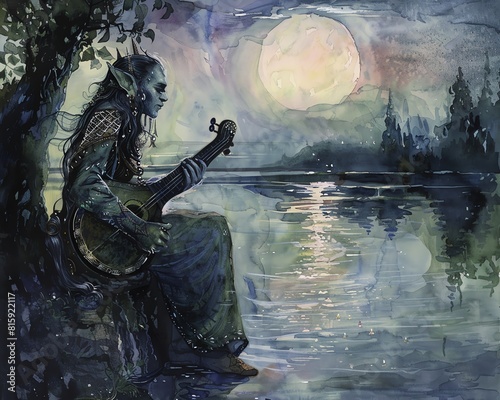 An elfin bard singing ancient songs by a moonlit lake, his lute painted in soft watercolors reflecting the serene night