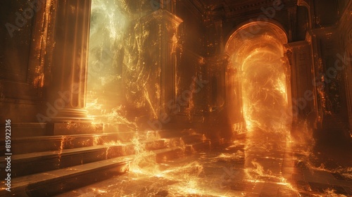 Cracks in the podium's surface emit tendrils of fiery light, casting intricate patterns of shadow and light upon the chamber walls in a mesmerizing display.