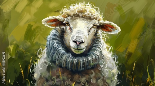 adorable fluffy sheep wearing traditional icelandic wool sweater in green pasture digital painting