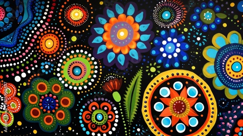 Artistic Aboriginal dot painting close-up, with a focus on dreaming designs in bright, lively colors on a black canvas, isolated for clarity