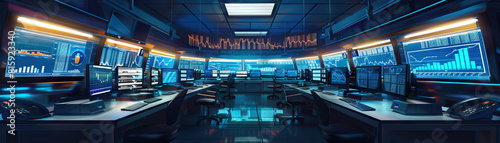 Financial Trading Floor: Displaying trading desks, computer monitors displaying financial data, stock tickers, and traders executing transactions