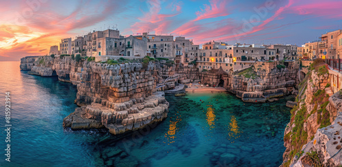 The beautiful city of Polignano, Puglia lounging on the rocky cliffs overlooking their coastal town and bay, with colorful buildings, sandy beaches