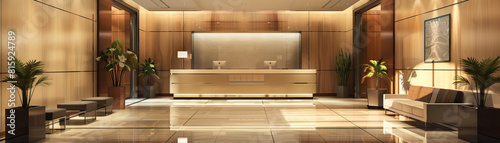 Corporate Office Lobby Floor: Displaying reception areas, waiting lounges, company logos, and corporate branding elements