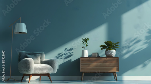 Modern living room interior composition with fluffy armchair wooden commode and modern home accessories Blue wall Template Copy space Home staging : Generative AI