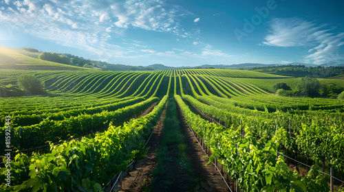 Idyllic vineyard landscape showcasing rows of grapevines under clear skies, epitomizing the serene ambiance of a summer wine country perfect for copyspace and conveying a tranqui