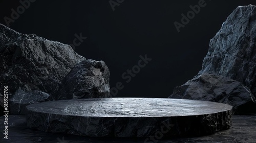 black stone podium on dark rock background ideal for luxury product display 3d illustration