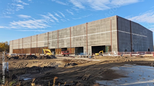 Construction progress of a tilt-up concrete warehouse, highlighting the placement of walls, supports, and girders, suited for project documentation