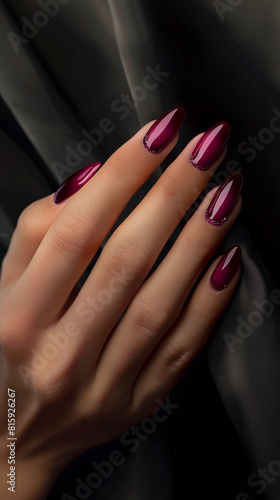 A woman's hand with purple nails and black fabric.
