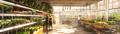 Urban Farming Co-op Floor: Showing hydroponic systems, vertical gardens, produce stands, and members cultivating crops
