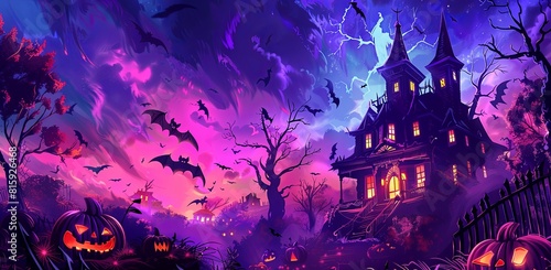 halloween background with haunted house, pumpkins and bats in the style of digital illustrations