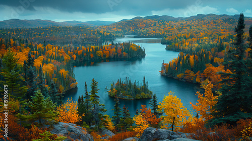 A lake surrounded by trees and mountains in the fall.