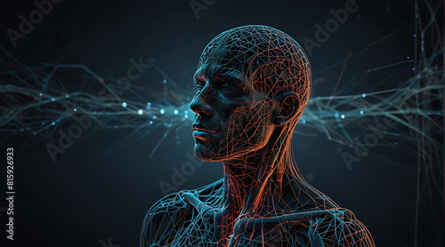 Abstract Image of figure of human being suffering from mental illness, depression, trauma or mental disease, illustration abstract style, nerve threads concept 